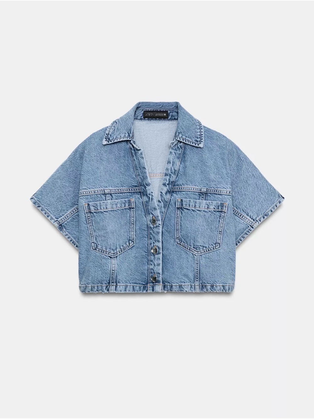 Zara Light Blue Cropped Denim Button-Down Shirt